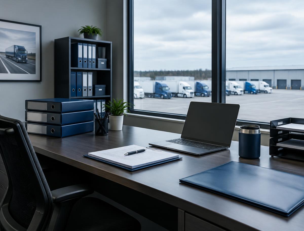 Organized compliance records on a desk overlooking a truck yard